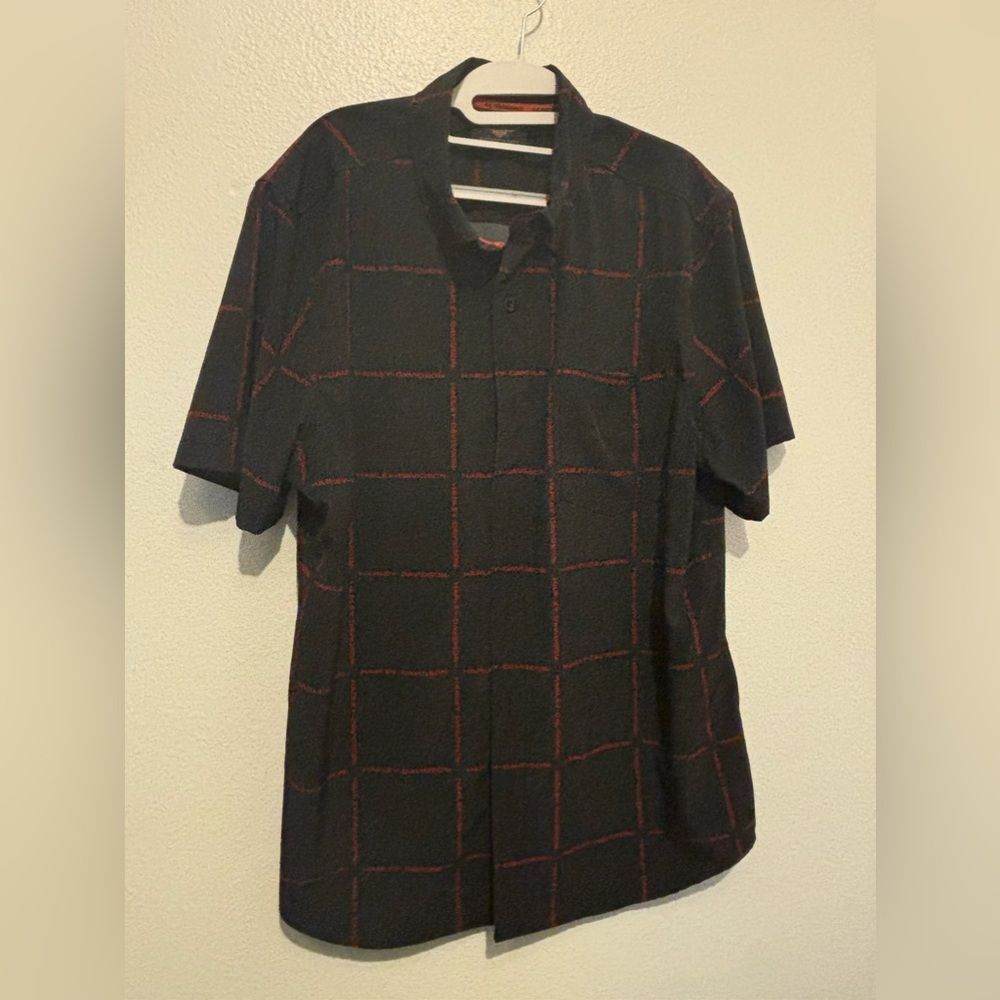 Black and red Harley Davidson, button-down shirt